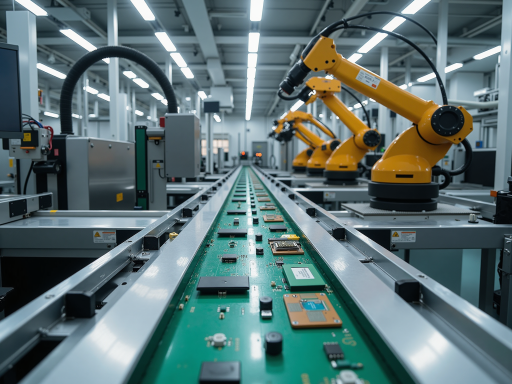 电子工厂自动化车间，多台设备协同作业，LED显示屏实时监控生产数据