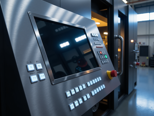 工业自动化控制柜特写，金属外壳坚固耐用，面板指示灯亮起，显示运行状态正常