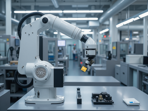 智能装配机器人工作站，机械臂灵活操作，工作台面整洁，安全防护措施完善