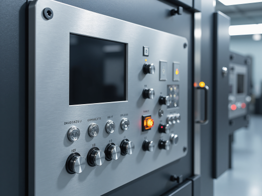 工业自动化控制柜正面视图，黑色金属外壳，前面板布局合理，各种指示灯和控制按钮清晰可见