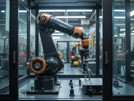 智能装配机器人工作站，机械臂正在精确操作，周围有安全防护装置