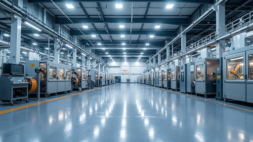 工业设备生产线全景图，大型机械设备整齐排列，工人正在操作现代化控制面板，车间明亮整洁，展现高科技制造环境