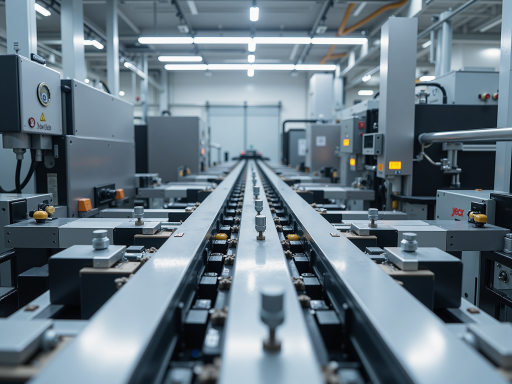 现代化生产车间内部，多条自动化生产线并行作业，工人正在操作精密设备，车间环境整洁有序